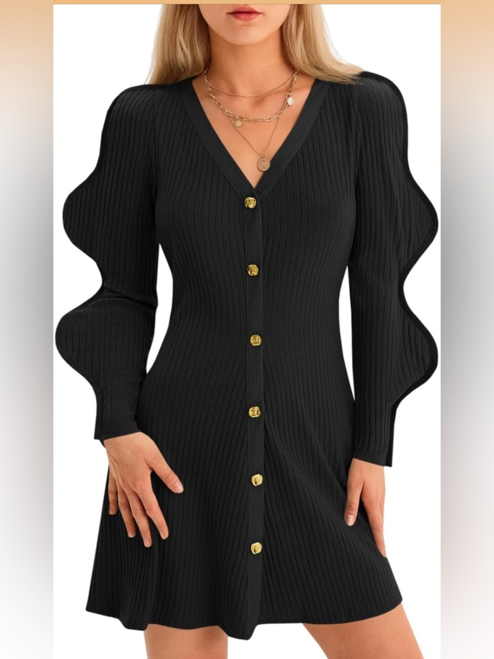 Black Ribbed Button-Front Mini Dress with Statement Sleeves